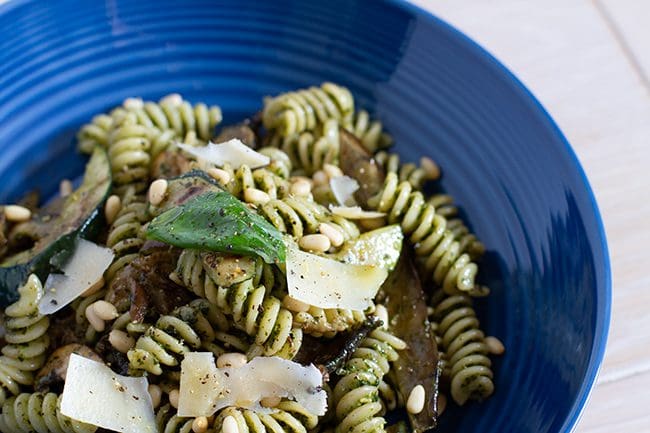 Fusilli pasta with pesto and griddled Mediterranean vegetables